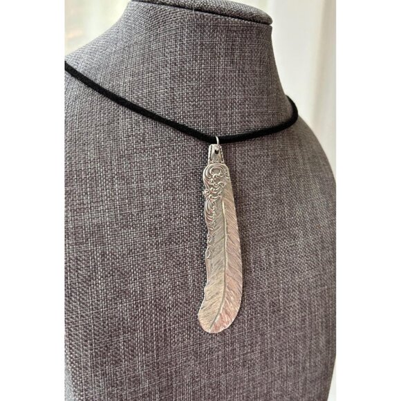 Handmade Silverware Feather Pendant Necklace - Upcycled "First Love" Knife - Picture 11 of 11